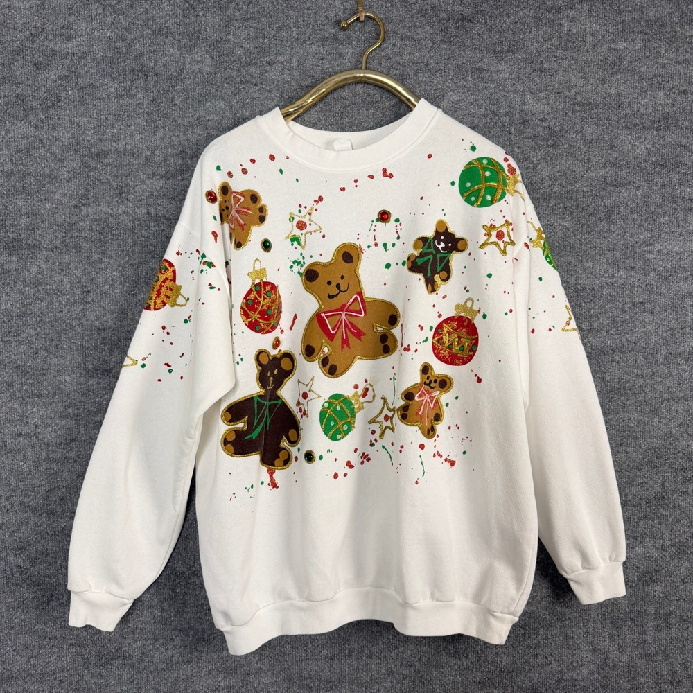 Vintage Holiday Sweatshirt Womens XL White Gingerbread Puff Paint Pullover